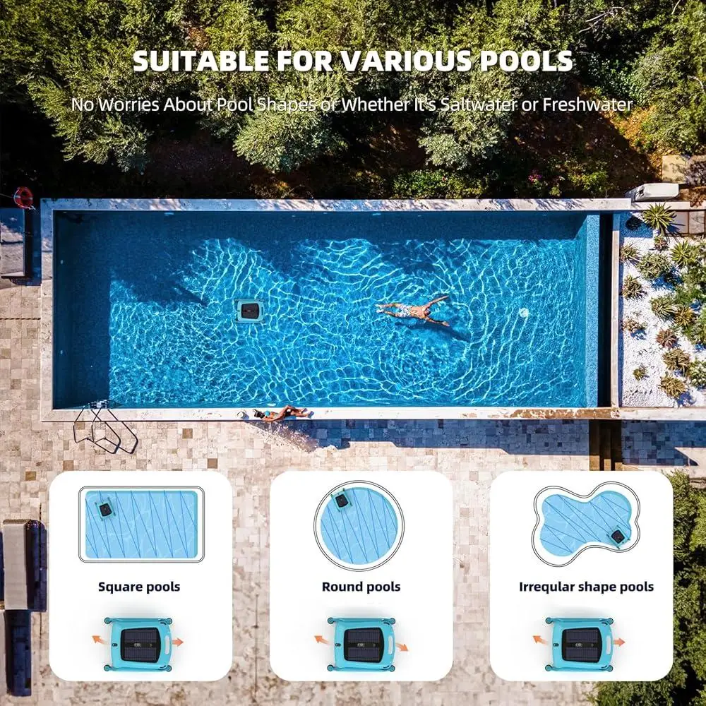 Robotic Solar Pool Cleaner Cordless Surface Skimmer Automatic Dual Power Charging Intelligent Obstacle Avoidance Saltwater