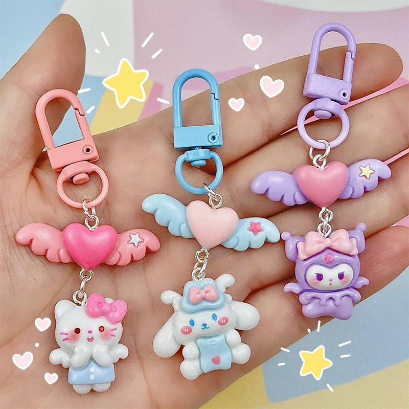 Lovely Cartoon Sanrio Keychain Cute Angel Anime Keyring Kawaii Kuromi Melody Hello Kitty Key Holder School Bag Pendant Decor