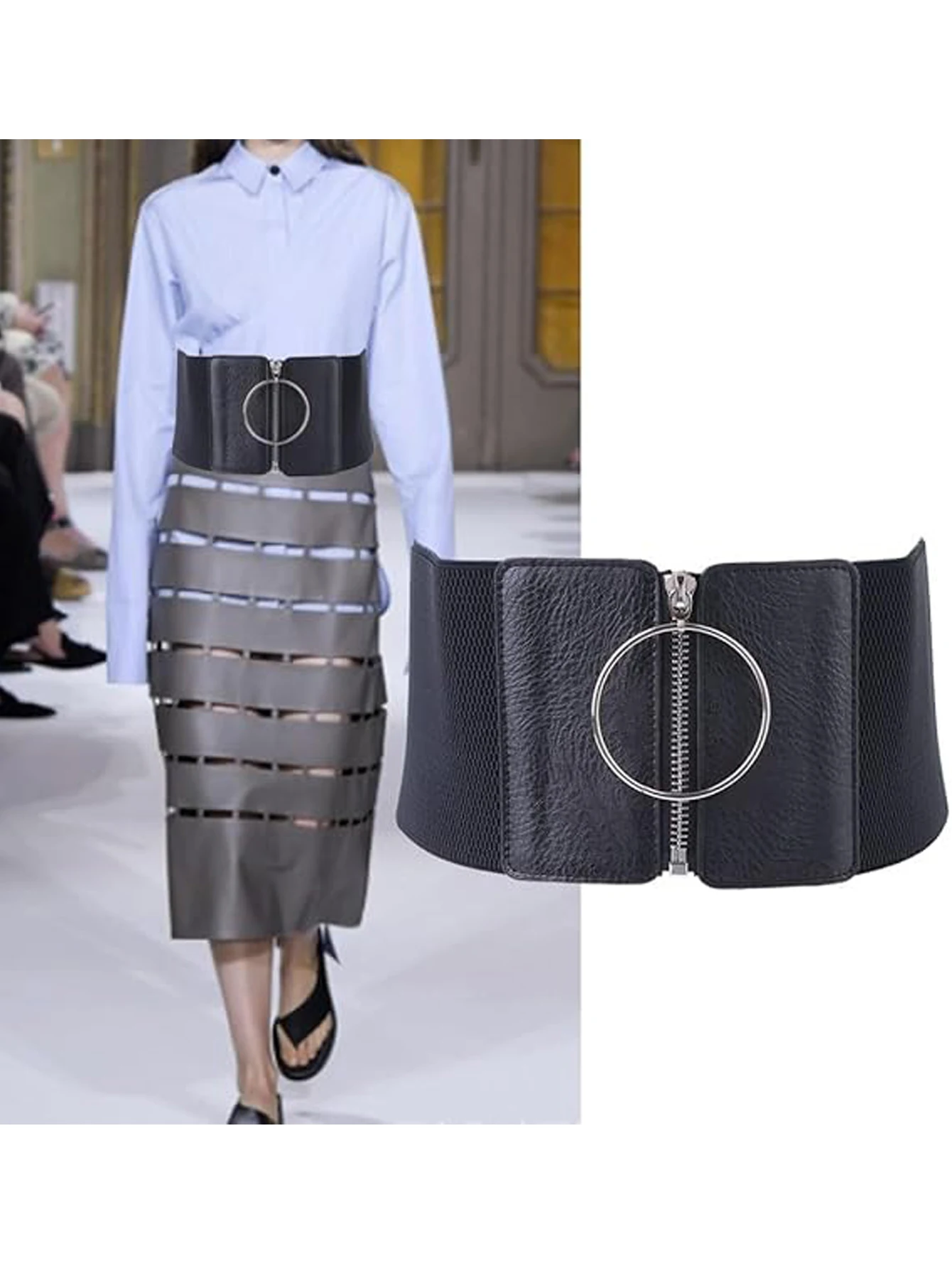 Women's zipper elastic waistband, adjustable stretchy fashion wide waist belt, tight-fitting corset dress with metal round PU le