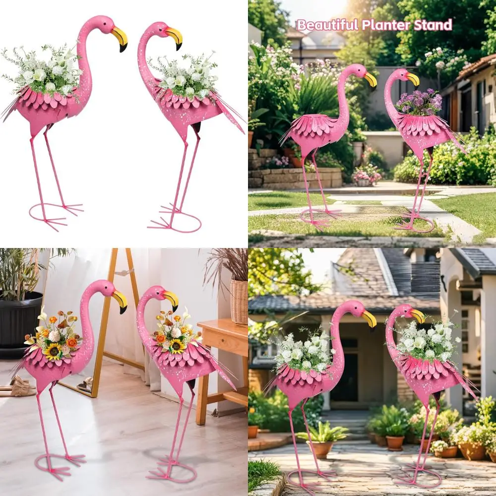 

Pink Flamingo Planters - Set of 2 Metal Garden Statues for Outdoor Flower Pots, Decorative Yard Sculptures
