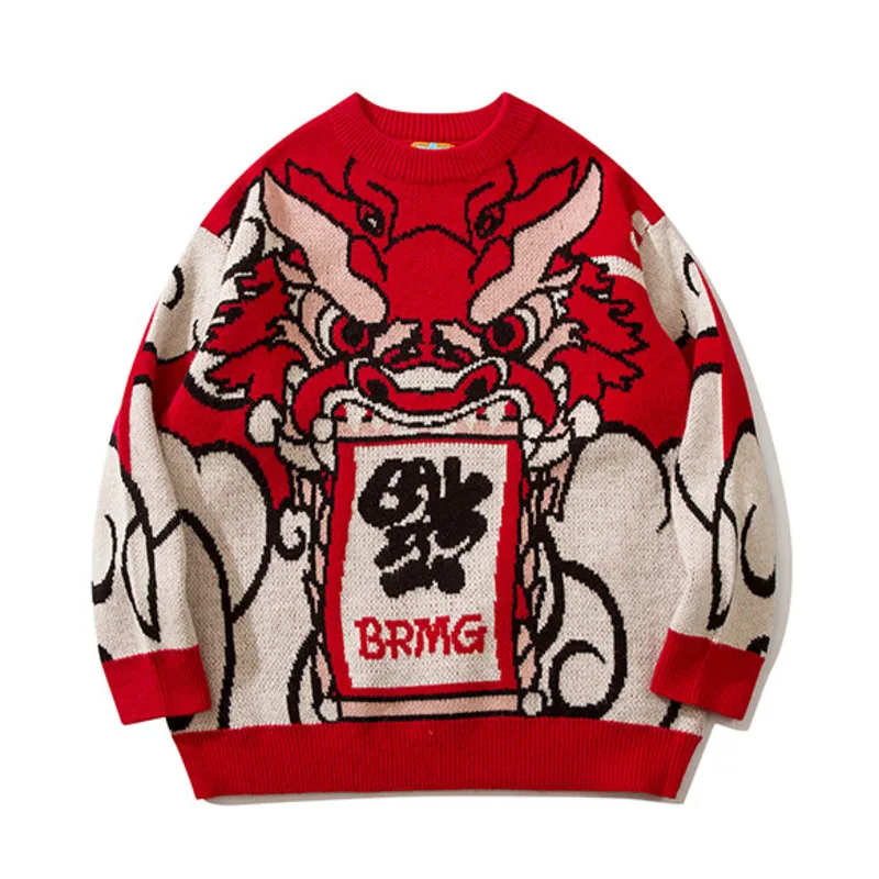 Chinese Styles Dragon Print Red Sweater For Men Women Fashion Fall Winter Long Sleeve Couple Knitted Pullover Tops