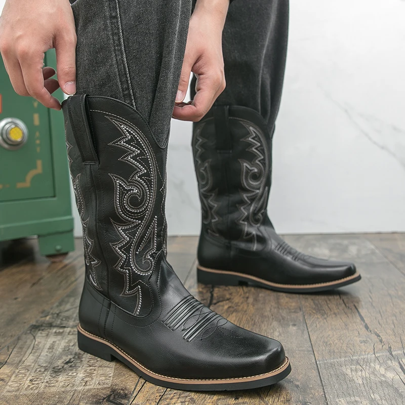 

Men's Brown British Western Cowboy Boots PU High Top Patrol Riding Boots for Man Outdoor Hand Embroidered Boots Size: 38-48