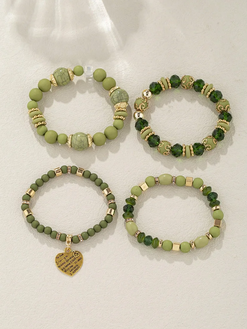 4-teiliges Boho-Armband-Set mit Kristallperlen und Kettendesign für Damen, Vintage-Herzanhänger, elastisches Armband, modischer Party-Schmuck für Frauen – Detail 18