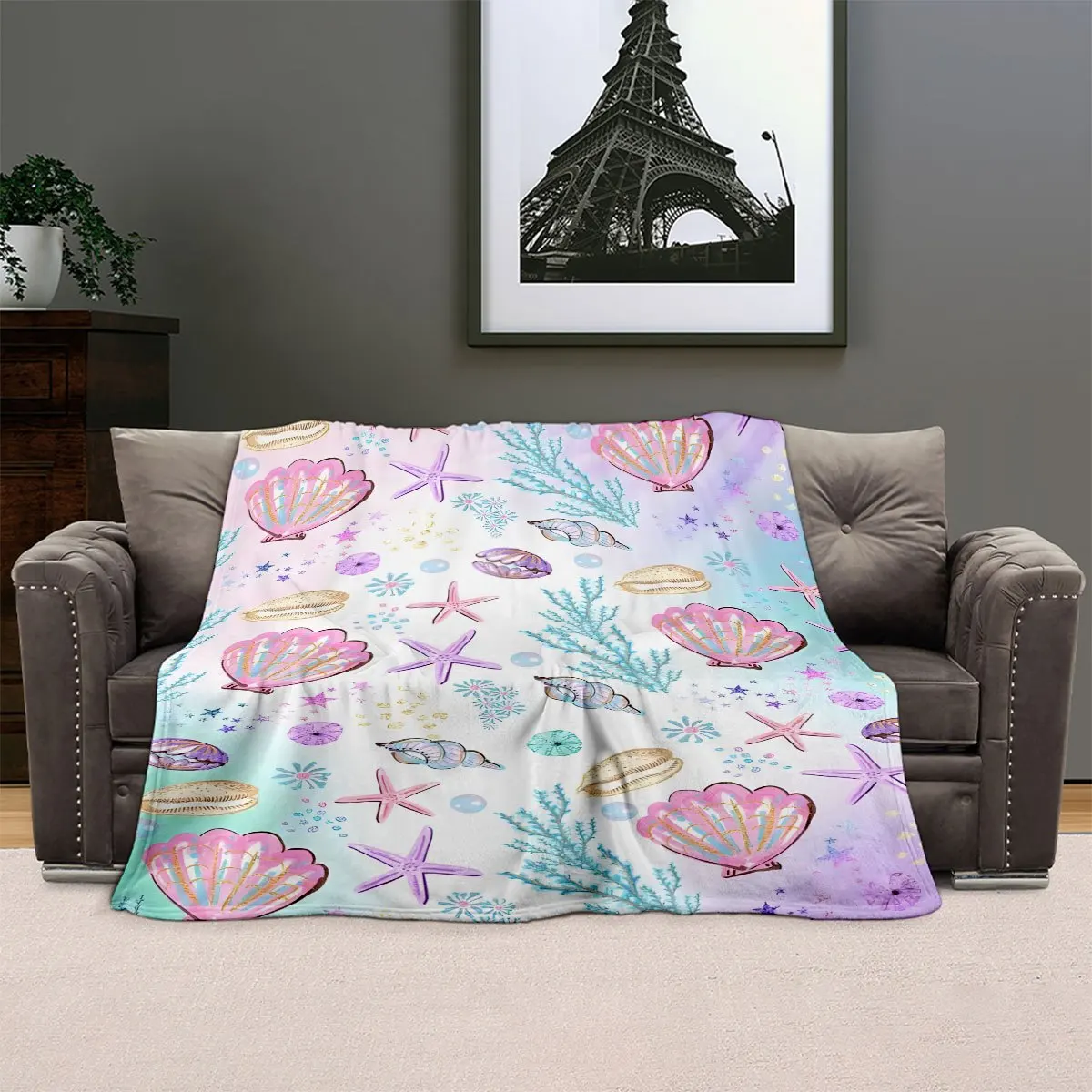 Dreamy Ocean Shell Theme Flannel Blanket, Ultra-Soft And Skin-Friendly, Suitable for All Seasons, Warm And Cozy for Living Room,
