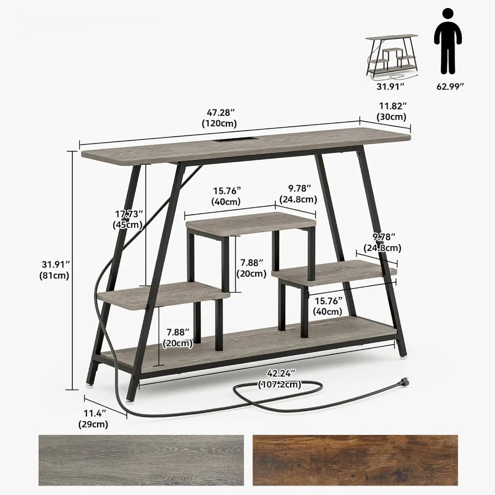 47.2" Narrow Entryway Table with Power Outlets, Industrial 4-Tier Console Table with Storage, Small Sofa Table Behind The Couch