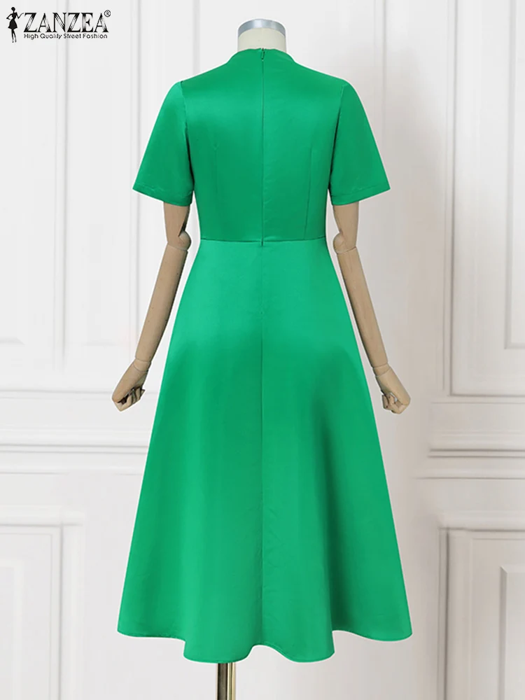 ZANZEA Elegant Satin Silk Midi Dress Office Work Women A-Line Party Summer Vestidos 2025 Sundress Casual Solid Short Sleeve Robe