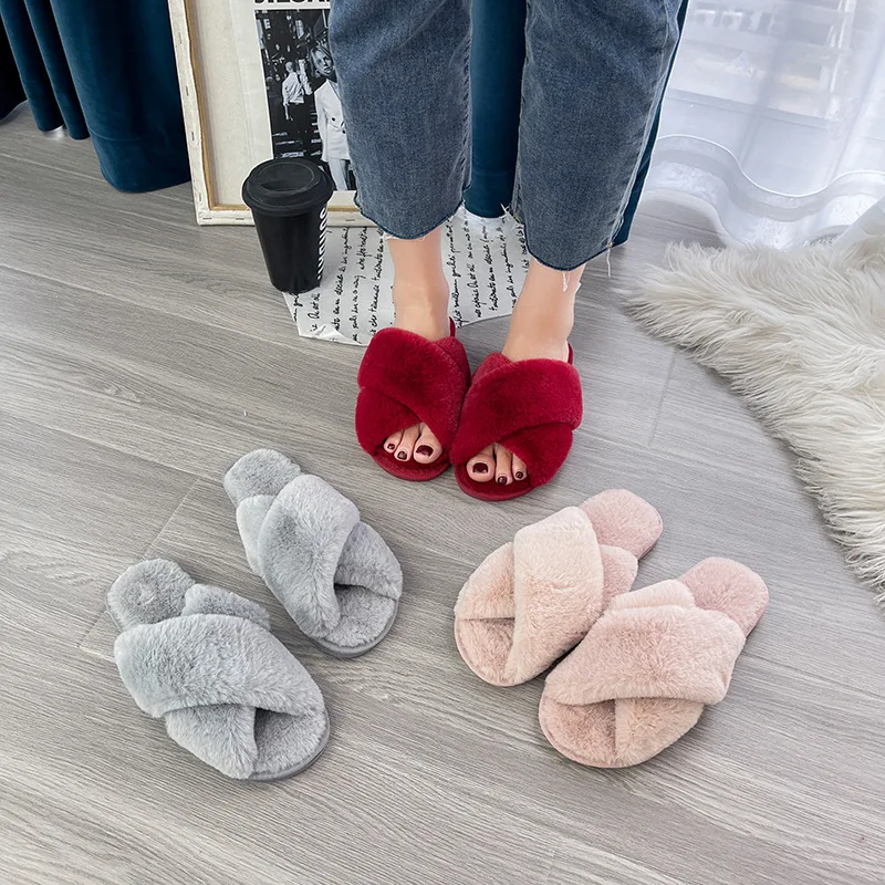 House Slippers Winter Women  Faux Fur Fashion Warm Shoes Woman Slip on Flats Female Slides Black Pink cozy home furry slippers