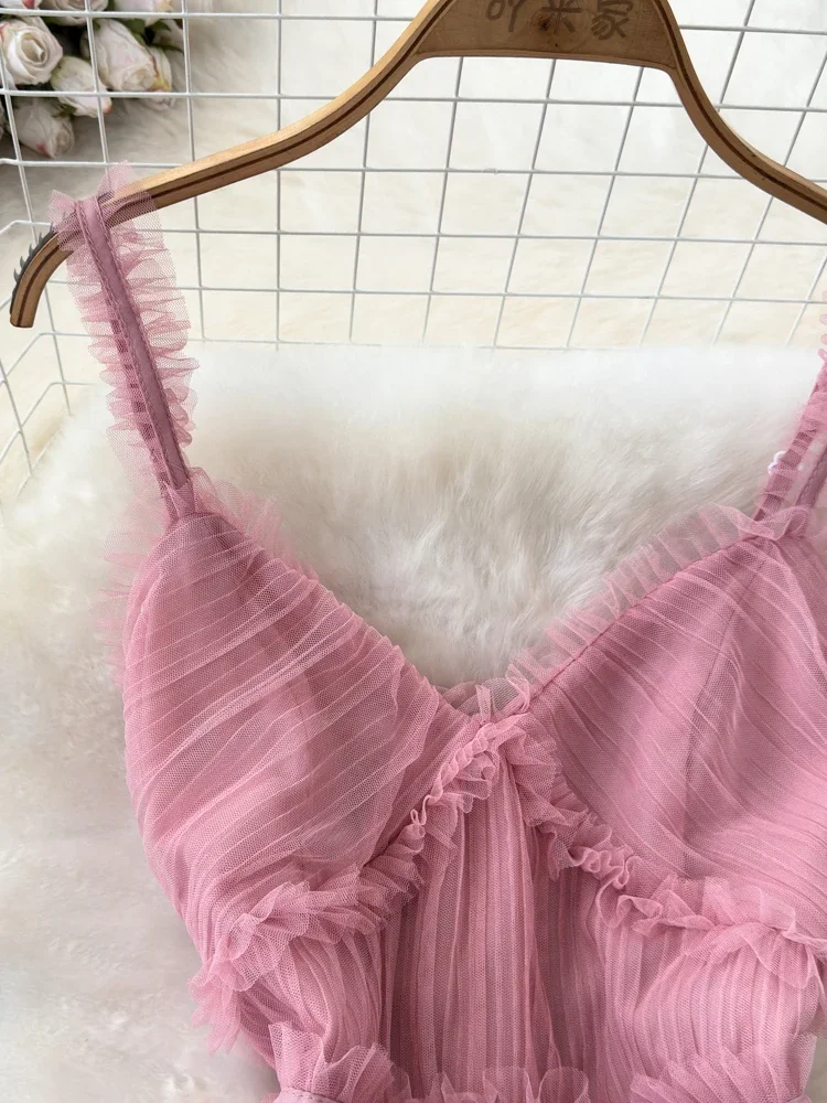 Summer New Fashion V-neck Backless Suspender Long Dress for Women\'s Pink Beach Vacation A-line Mesh Cake Dress A32