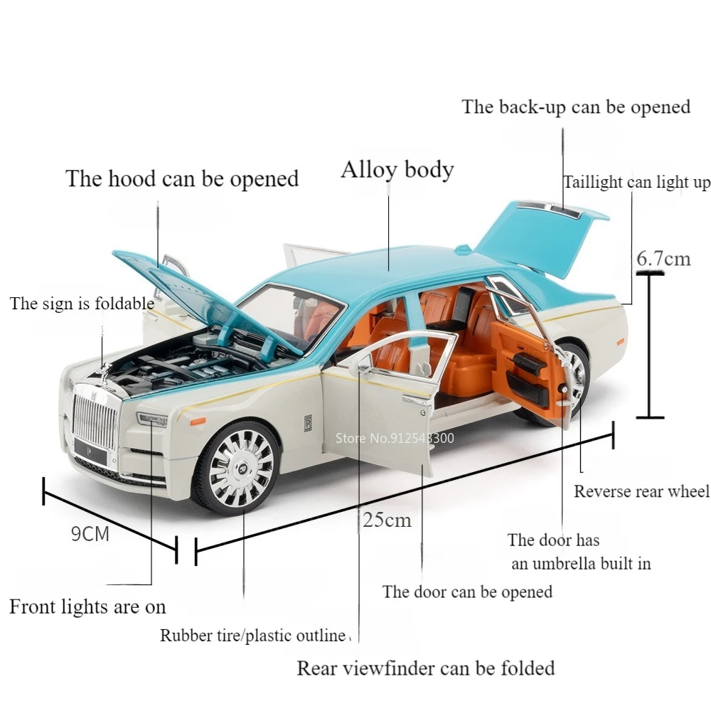 1/20 Rolls Royce Phantom Alloy Car Models Metal Diecasting Doors Openable with Pull Back Sound Light Toy Vehicle for Child Gifts