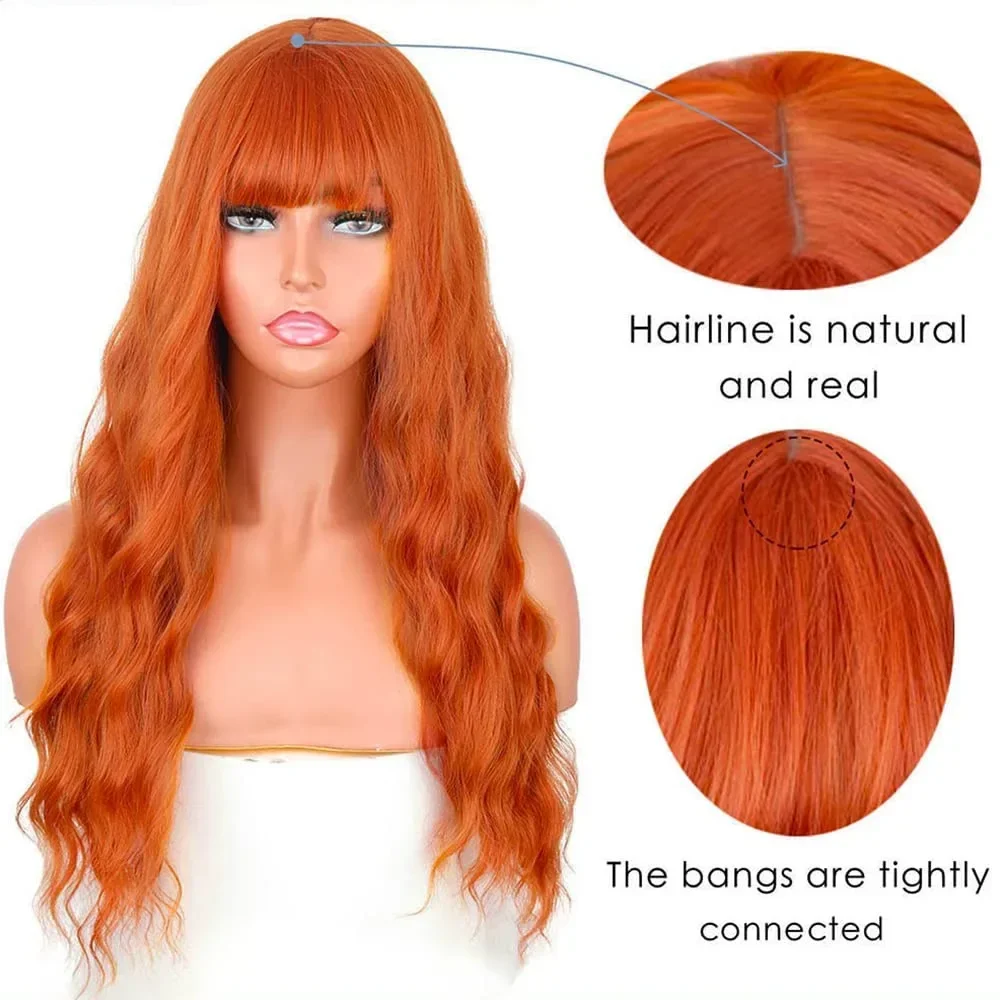 Curly Orange Synthetic Hair No Lace Wigs Full Bangs Long Loose Wave Fashion Party Wig for Party Cosplay Daily Use Natural