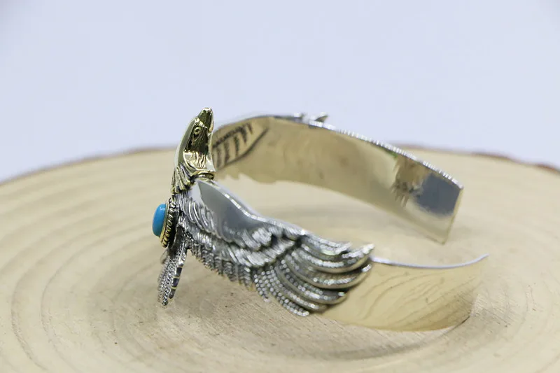 Punk influencer personality trendsetter male opening pure silver eagle open blue turquoise bracelet Japanese handmade Thai silve