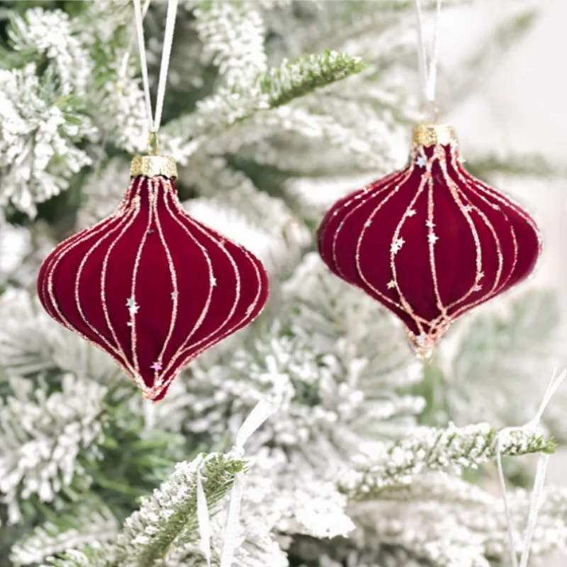 

6Pcs New Premium Texture 8cm Flocked Flat Peach Painted Sequins Christmas Tree Christmas Balls Delicate Hanging