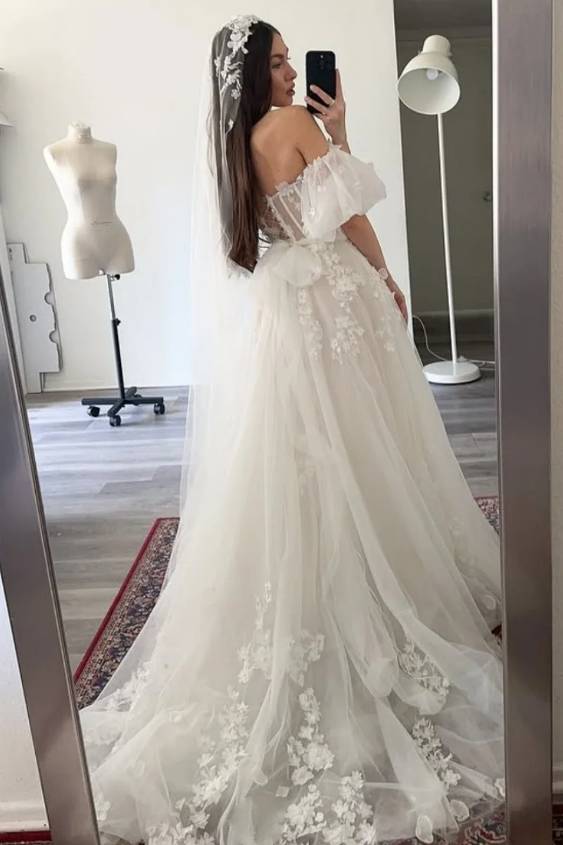 Annie Embroidery Flowers Prom Dresses White Princess With Puff Sleeves Evening Dresses Women Wedding Party Dress Customized