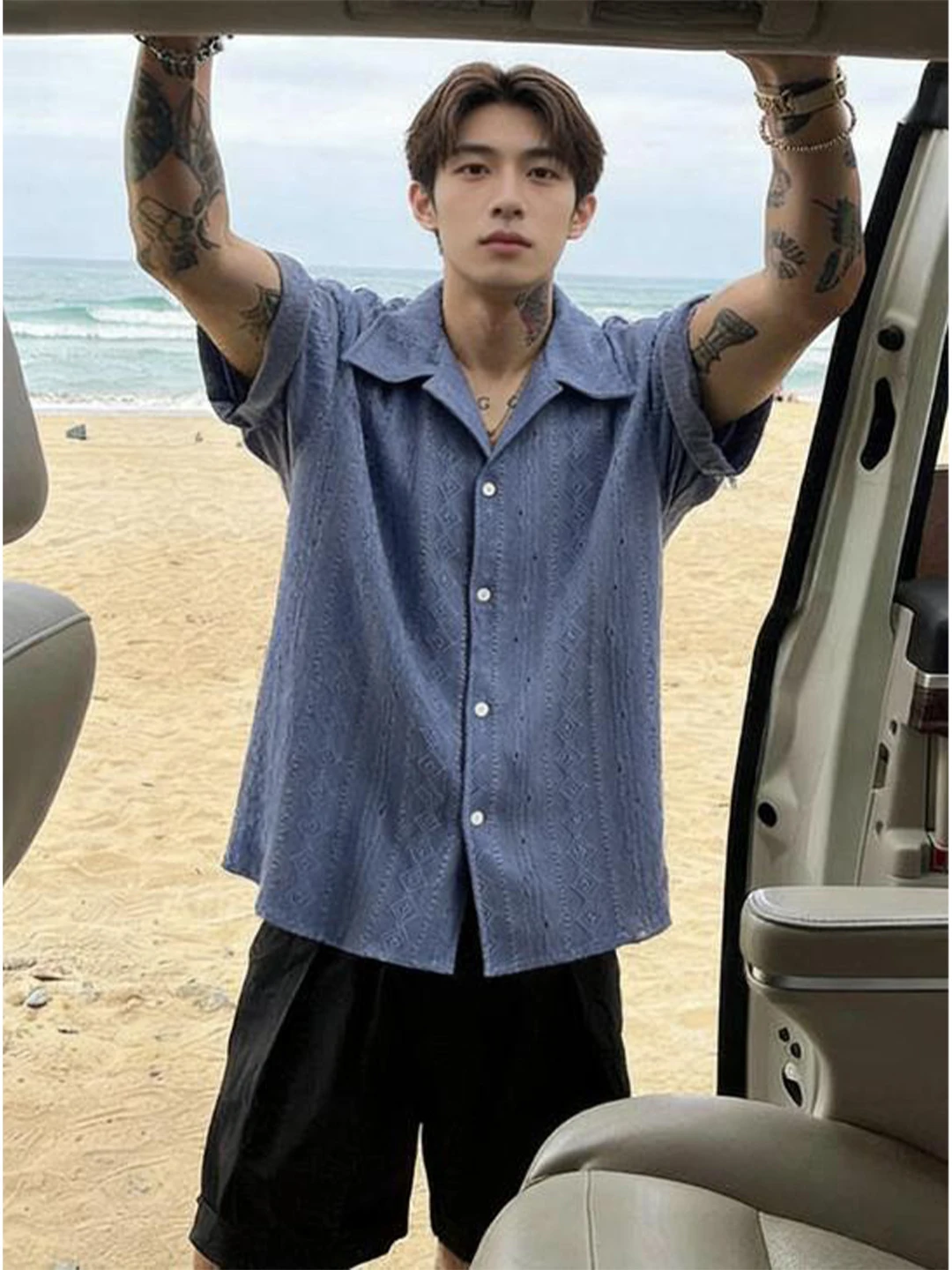 Hawaii Vacation Style Ice Silk Hollow out Casual Loose Short Sleeve Shirt Cuban Collar Men's Fashion Summer Breathable Top