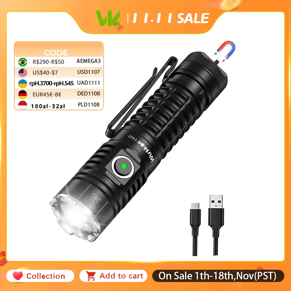 Wurkkos TS22 Flashlight Rechargeable 21700 with XHP70D HICRI LED 4500 Lm Magnetic Tail Cap and Reverse Charging for Hiking