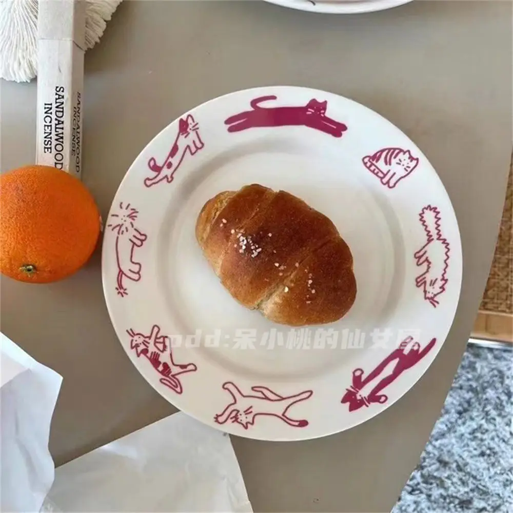 Cartoon Korean Breakfast Plate Instagram Style Vintage Cute Cat and Dog Ceramic Plate Household Disc Dessert Western Food Plate