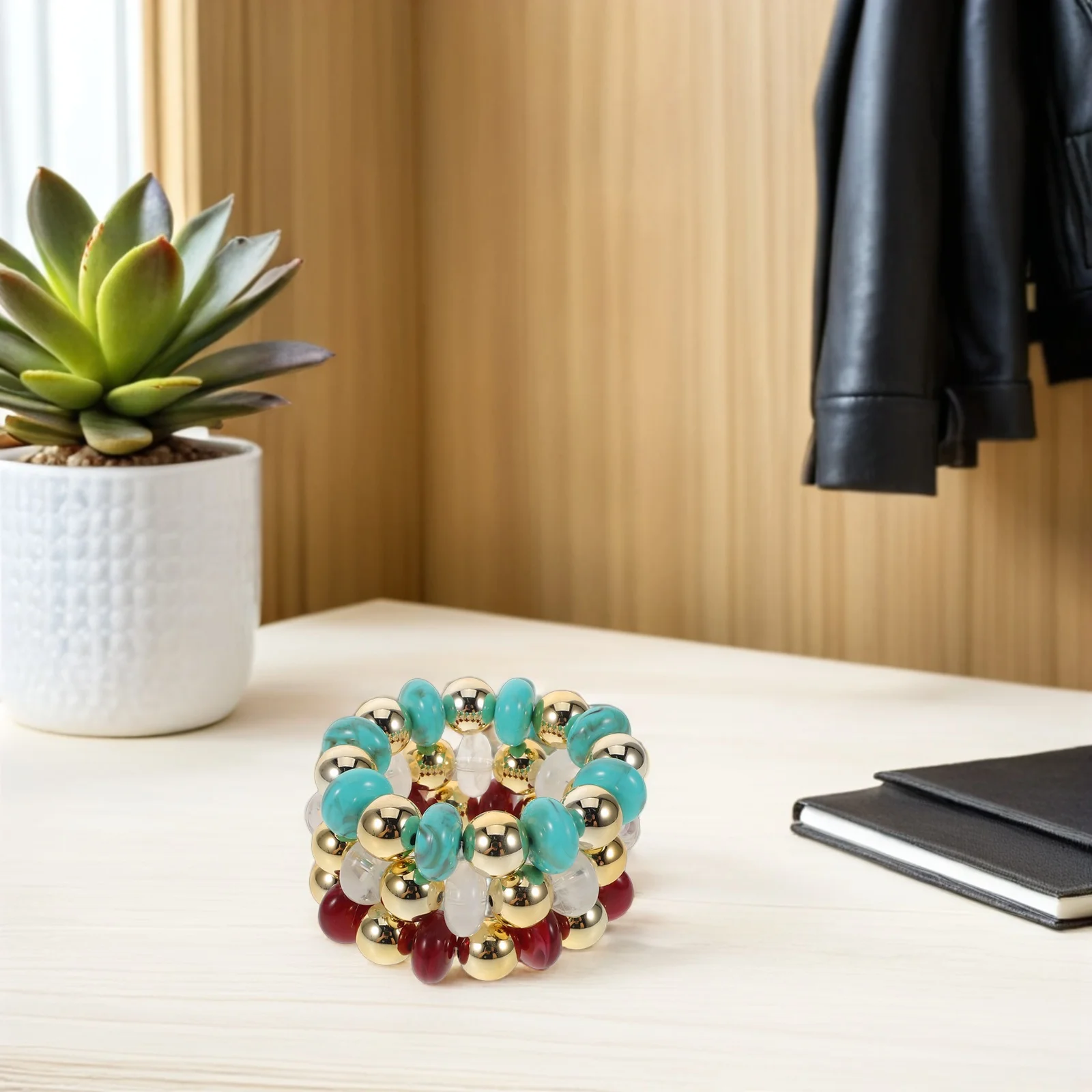 

3pcs Double-Sided Geometric Bracelet For Women Colorful Acrylic Bead Stackable Design Lightweight Stretch Beach Jewelry -