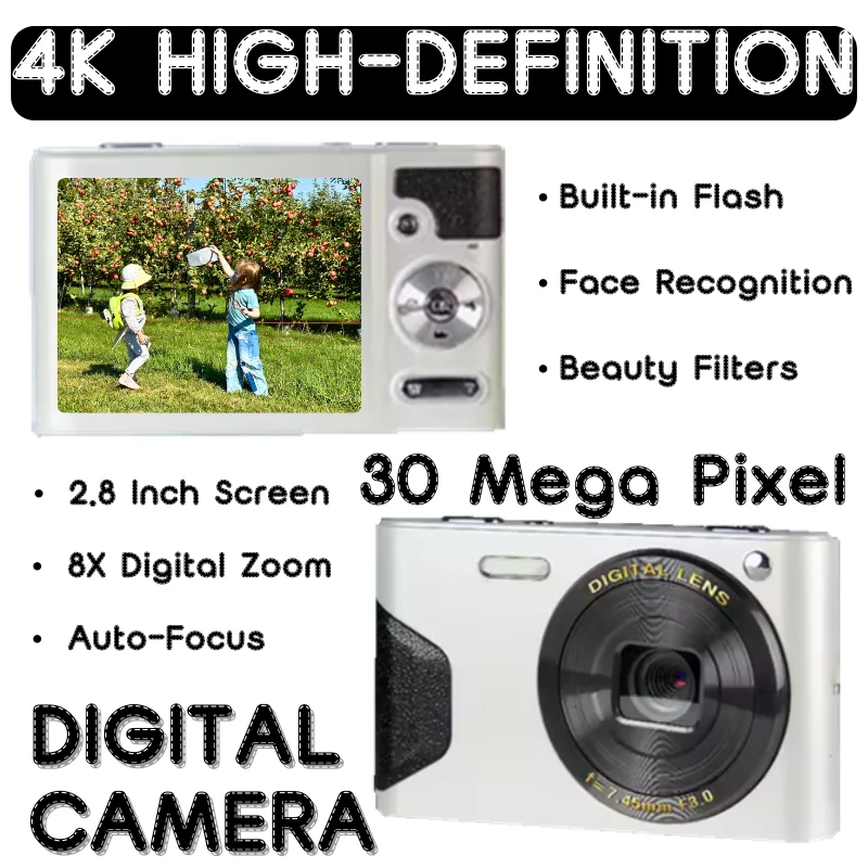 

30MEGA Pixels 4K HD Digital Camera 8X Zoom LCD Screen Auto-focus AntiShake Cameras Built-in Flash Light Camera Photography&Video
