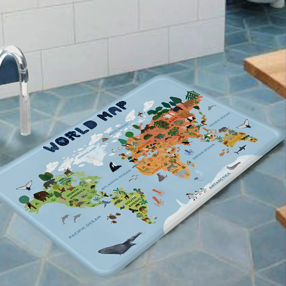 Cartoon World Map Door Mat Nordic Style Bedroom Living Room Doormat Home Balcony Anti-Slip Alfombra