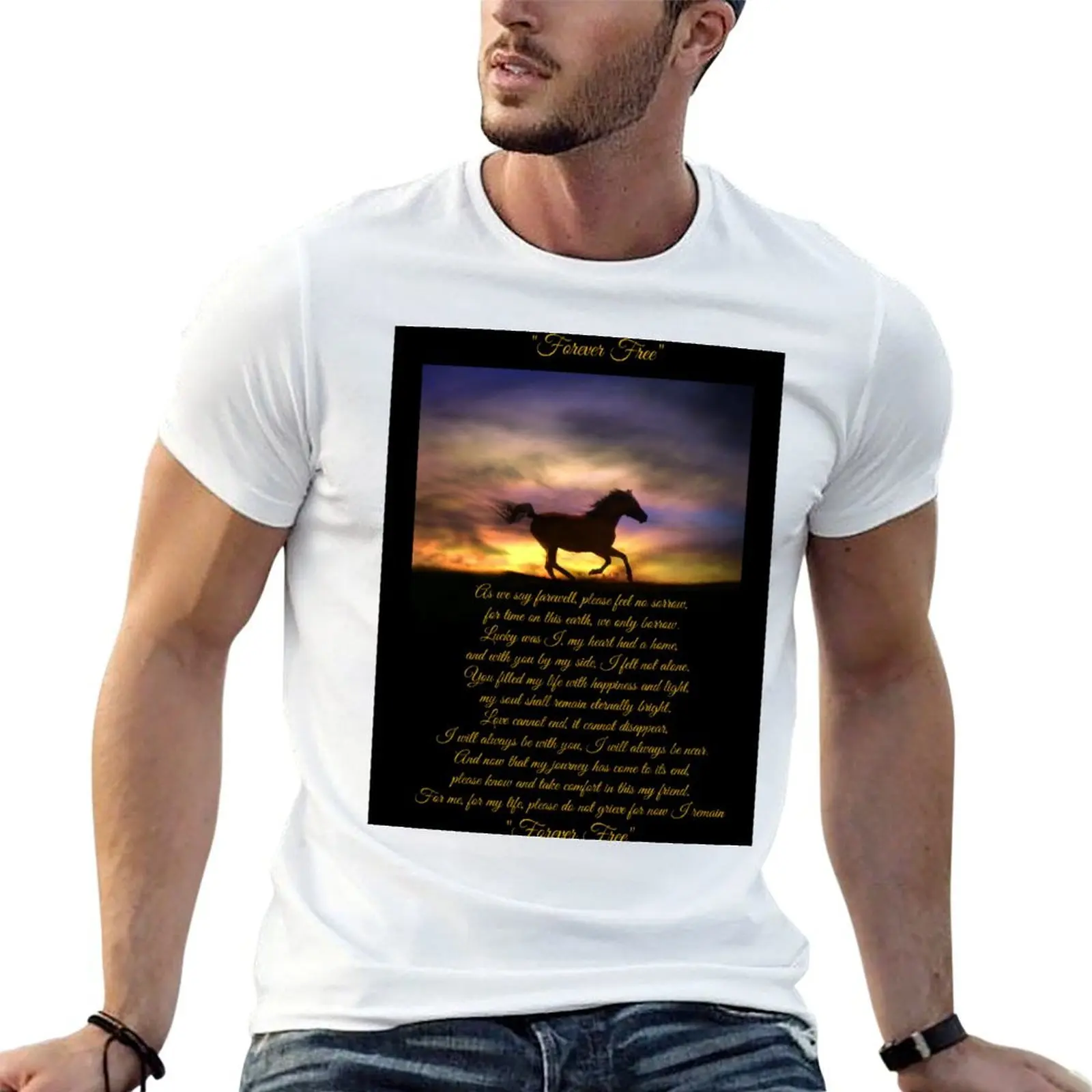 T-shirt pour hommes avec carte commémorative et art du cheval « Forever Free » et poème original, 100% coton