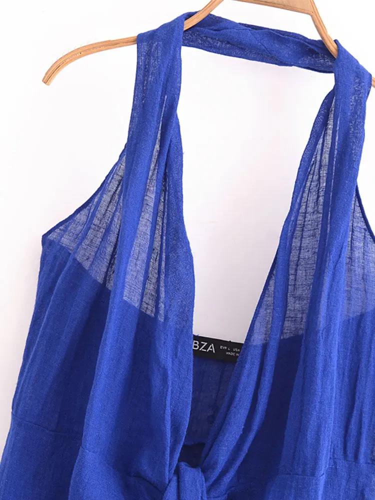 Nlzgmsj 2025 Women Fashion Summer  Blue Sexy Linen Blended Halter Collar Backless Long Dresses Chic Female Vintage Evening Dress