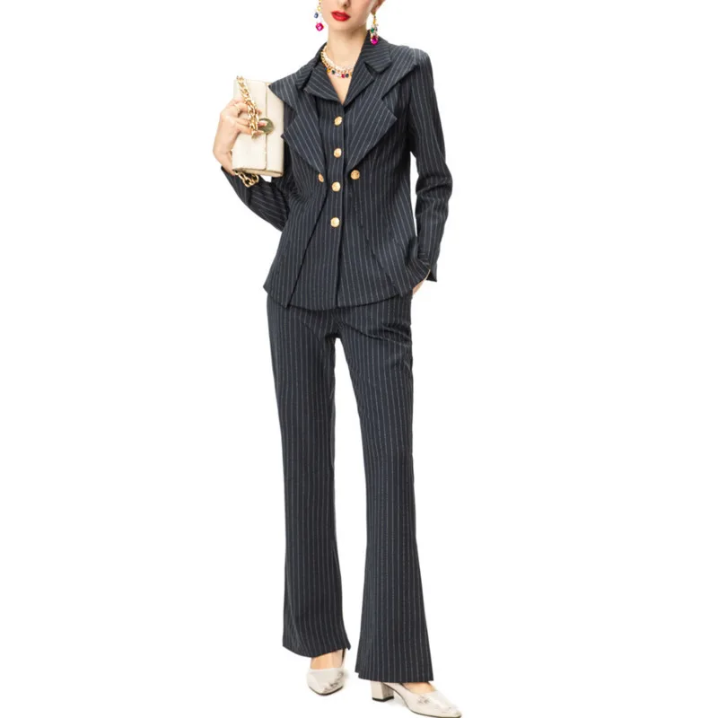 HKSH ربيع الخريف جديد المرأة قطعتين دعوى مجموعة مخطط التلبيب زرر سليم صالح السترة مستقيم السراويل مكتب سيدة المد HK15324