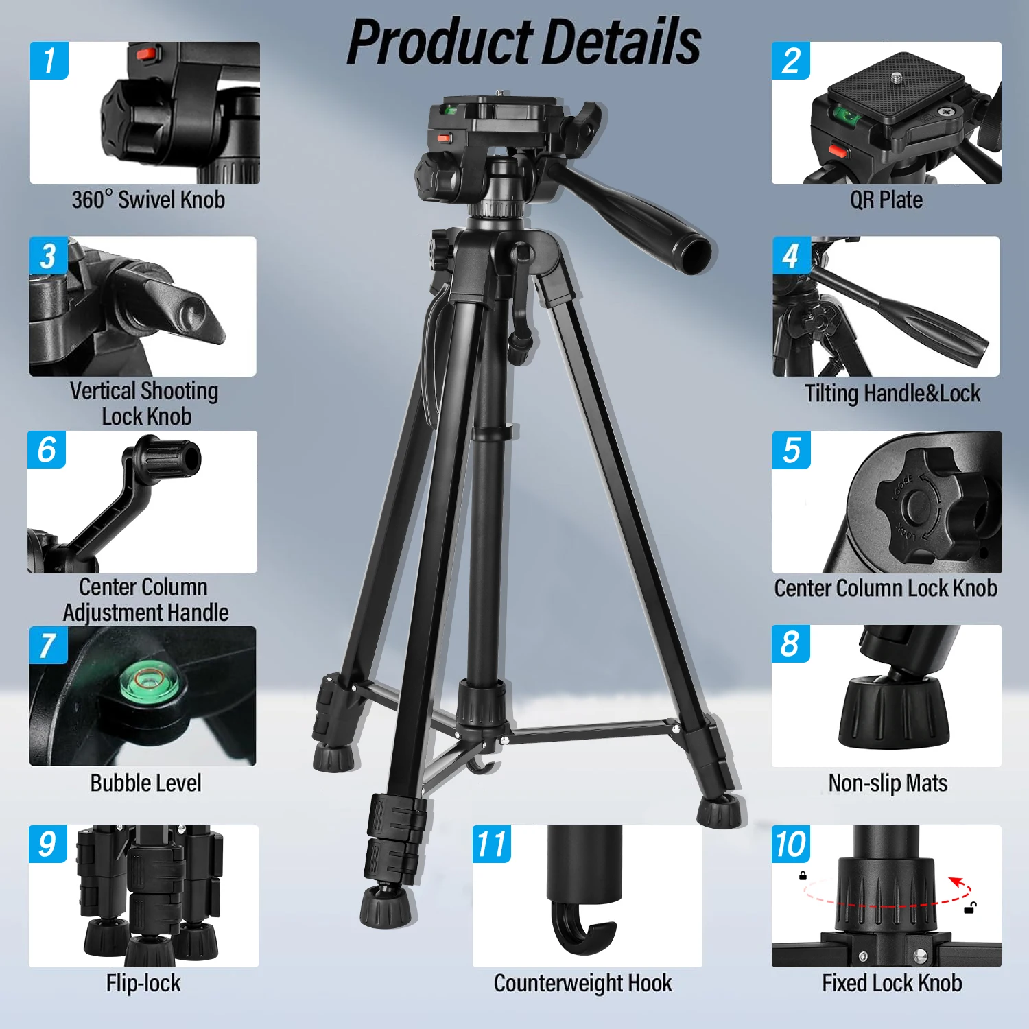 XRDKJ Lightweight 57" Adjustable Laser Level Tripod with Rotating Head, Portable Handle, Bubble Level, Quick Release Plate