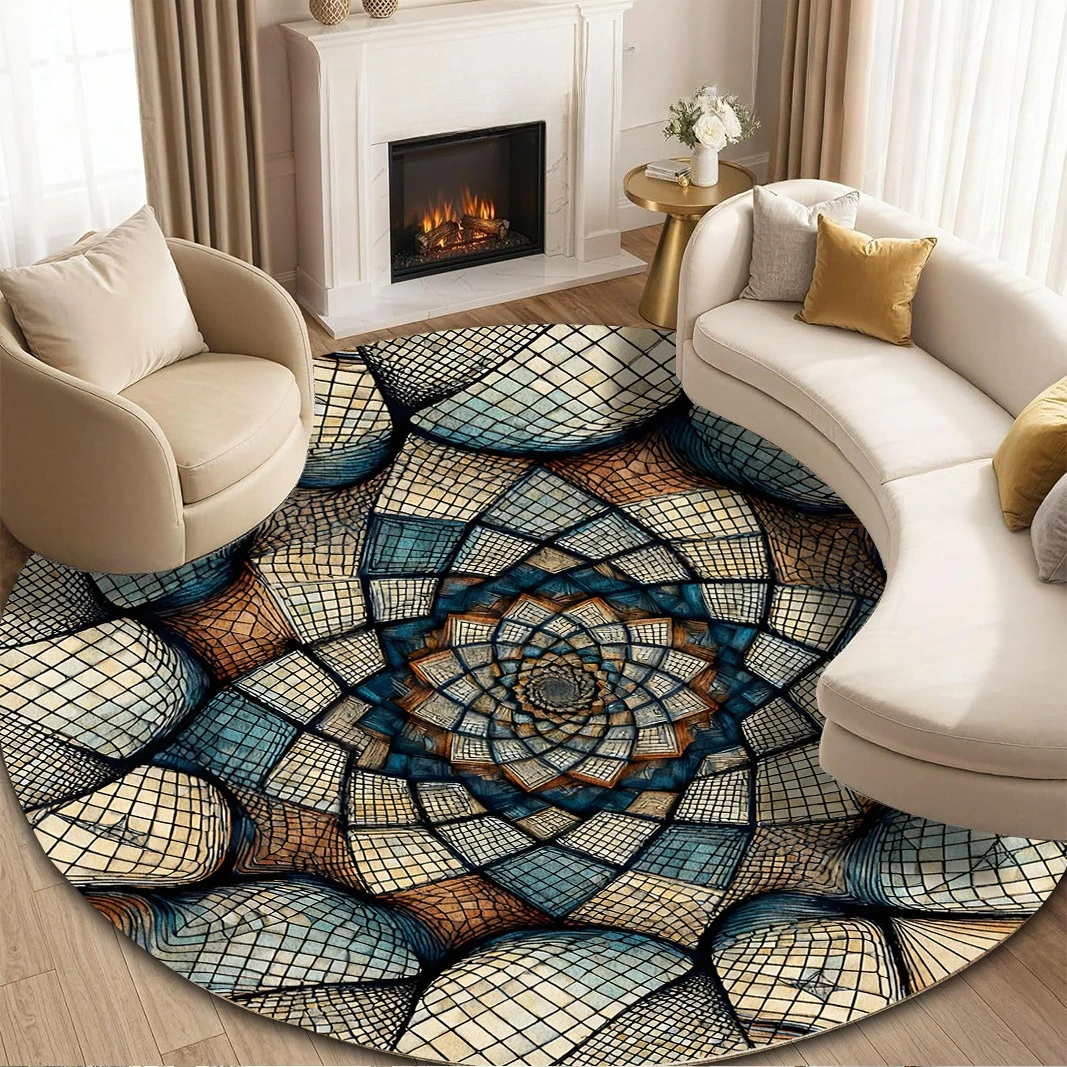 Mandala Mosaic Grid Circular Area Rug 2D Optical Illusion Stained Glass Round Mat  Soft Decor Rug for Living Room  Carpet