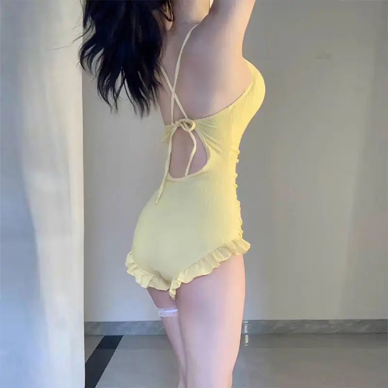 New Popular One-piece Swimsuit High-end Dopamine Straps Backless Korean Fungus Beach Vacation Hot Spring Summer