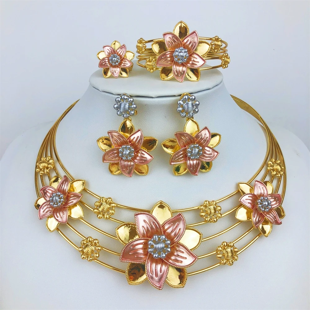 

ESALE High Quality Jewelry Set For Women Gold Plated Necklace Earring Bracelet And Ring Dubai Nigeria Trending Wedding Party Gif