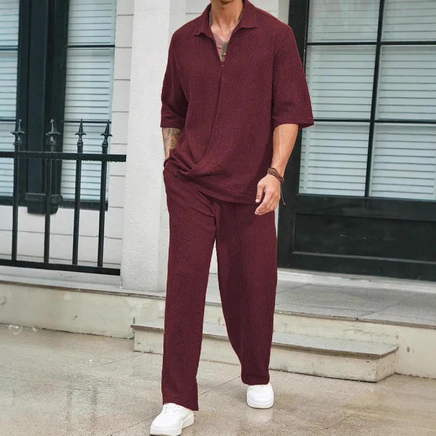 

Casual Men's Shirt Long Pants Set Comfortable Breathable Seven Sleeve Long Leggings for All Seasons Chinese Brand Clothing