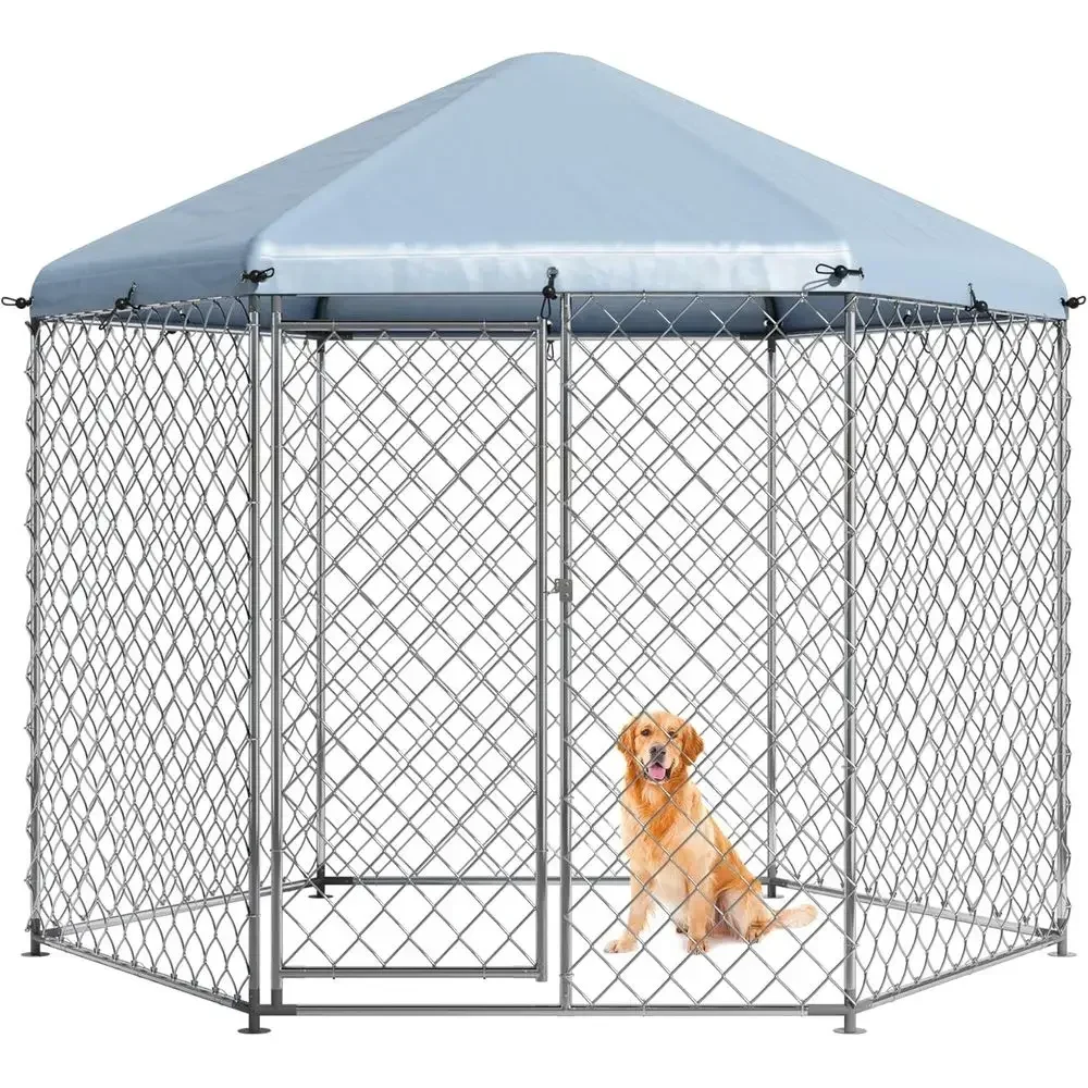 Heavy-Duty Metal Wire Dog Kennel for Large Breeds, 6.9'L x 6.9'W x 7.5'H Outdoor Dog Pen with Roof