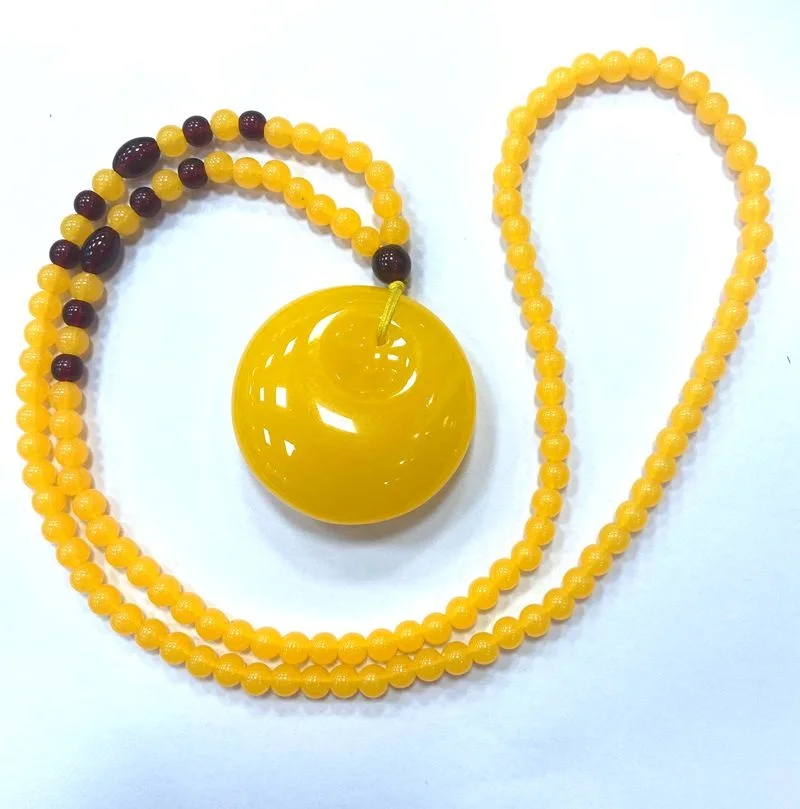 

Natural 6mm Mexican Amber Beeswax + 46*46*18mm Amber Ping An Fu Pendant Necklace+ Certificate