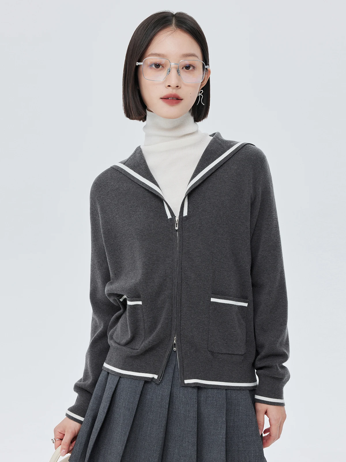 

Spring Autumn Knitted Woolen Navy Collar Open Cardigan Women's Loose Fit Long Sve ort Sle Elastic ay Outerwear