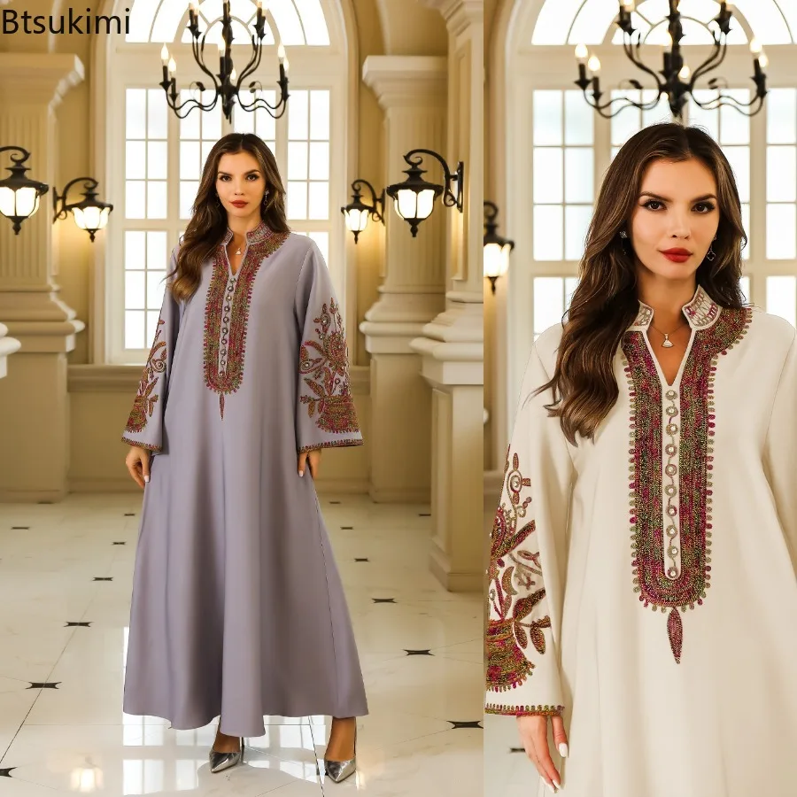 

Новое весеннее мусульманское платье для женщин на Ид: Абайя с вышивкой, макси-платье в дубайском стиле, длинное платье-кафтан из Саудовской Аравии, элегантный праздничный кафтан-роба