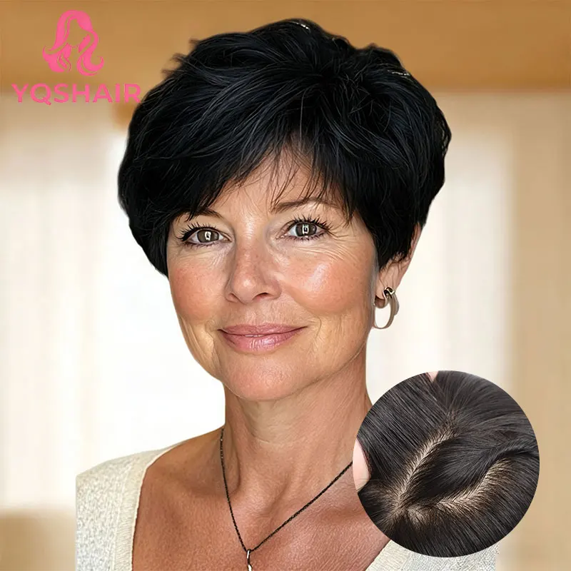 

100% Human Hair Pixie Cut Wig Silk Top Hand Tied Natural Looking Realistic Scalp Lightweight Breathable Wig for Mom Daily Wear