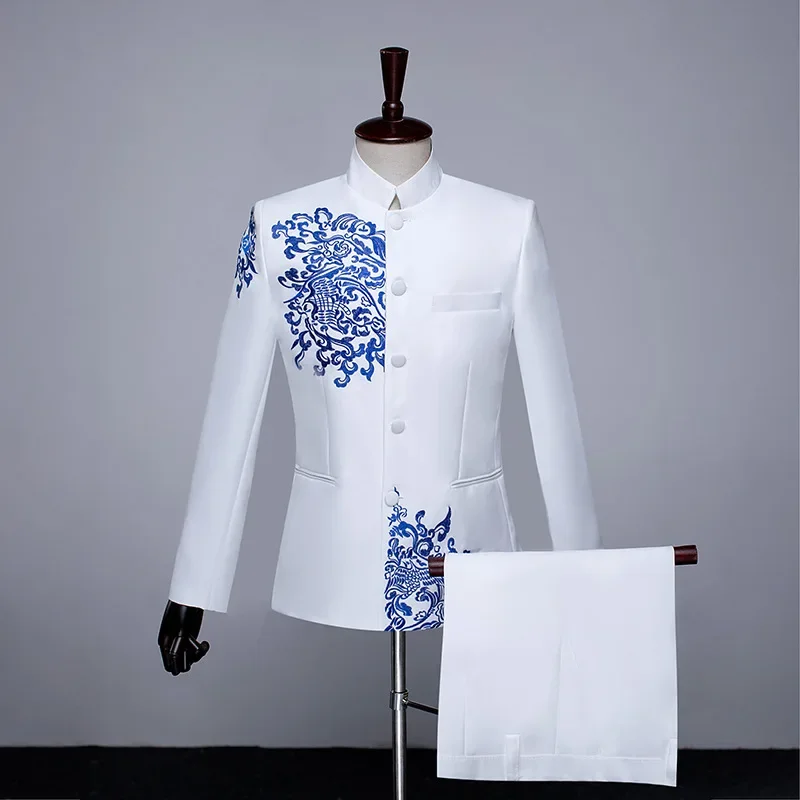 (Jacket + Trouser) Fashion Men Wedding Embroidered Suit Royal Blue / Red / White Singer Stage Performance Dress Blazers and Pant