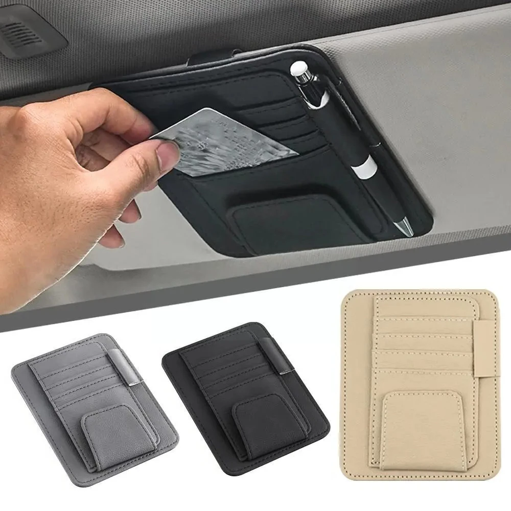 Car Sun Visor Organizer Multi-Pocket Leather Glasses Clip Holder Auto Sunshade Card IC Sunglasses Storage Bag Pen Holder