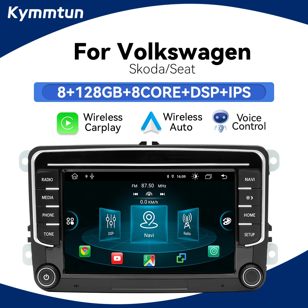 Autoradio sans fil avec commande vocale IA, Carplay Android 14 pour VW/Volkswagen/Golf/Passat/b7/b6/Skoda/Seat/Octavia/Polo/Tiguan GPS