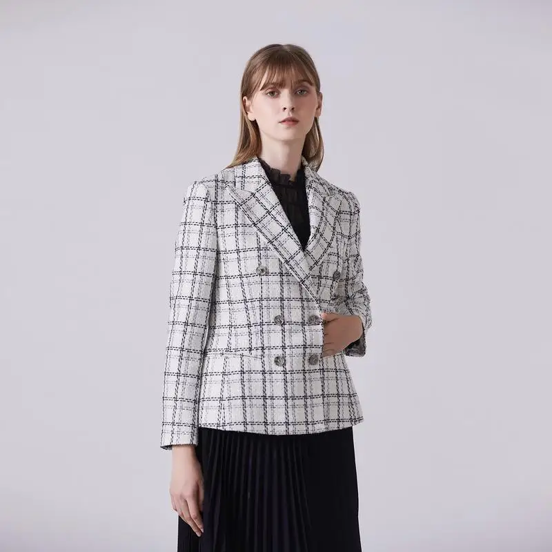 

Classic Bla White Tweed iny Tead Double Breasted Casual Commute Suit Jaet Straight Cut Fibre Fabric Long Sve