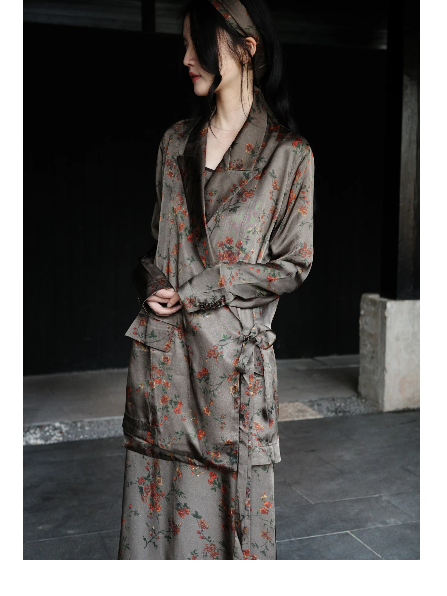 

Retro Floral Suit Copper Ammonia Silk Lightweight Skirt Large Swang Gown for Women in Their 30s Classical Sle Summer Wear