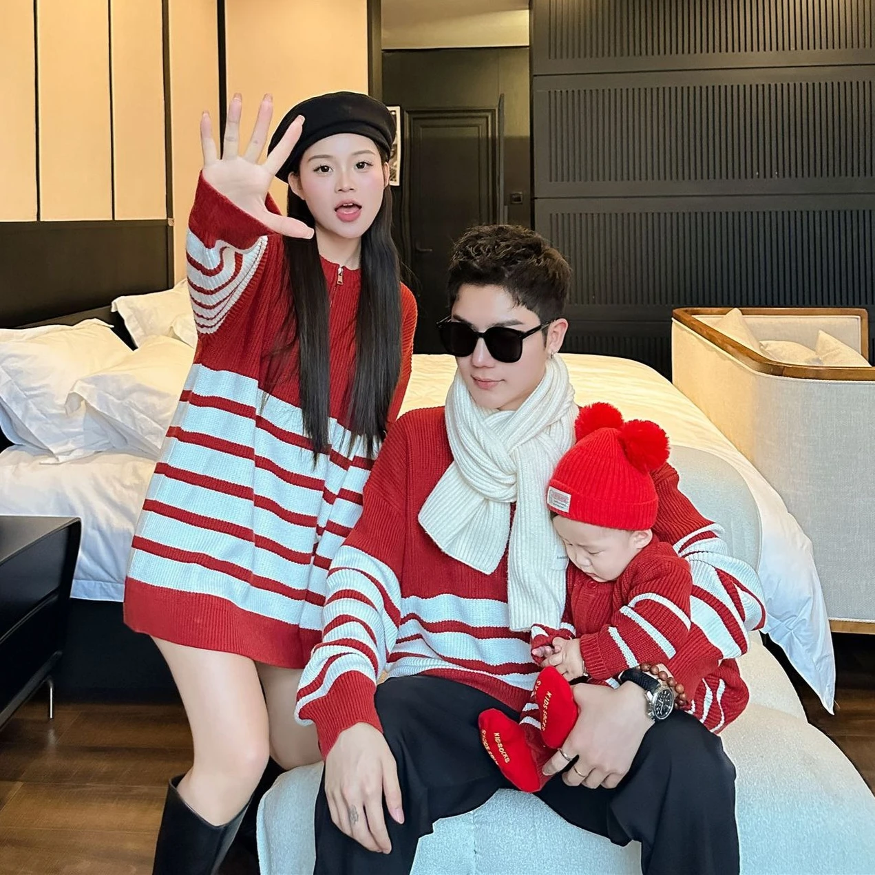 Baby Romper ‌2026 New Year Family Outfit Red Knitted Sweater for Parents Baby Toddler Warm Winter Mother Child Matching Clothes