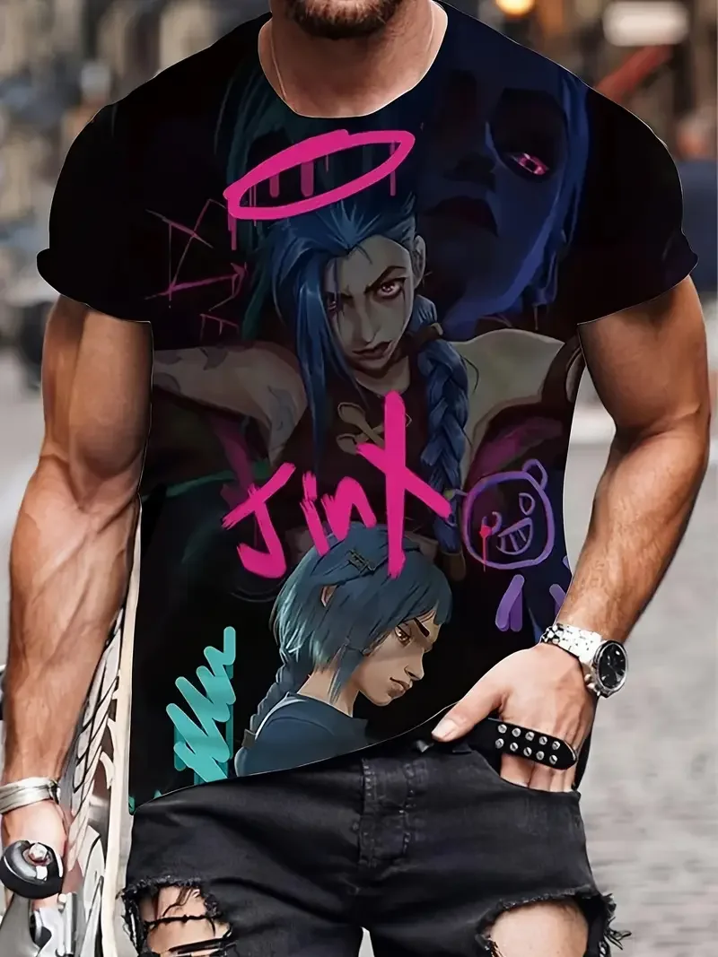 

Футболка с 3D принтом аниме Arcane League Jinx Graphs, модная мужская и женская футболка с круглым вырезом, топ с короткими рукавами, повседневные уличные футболки