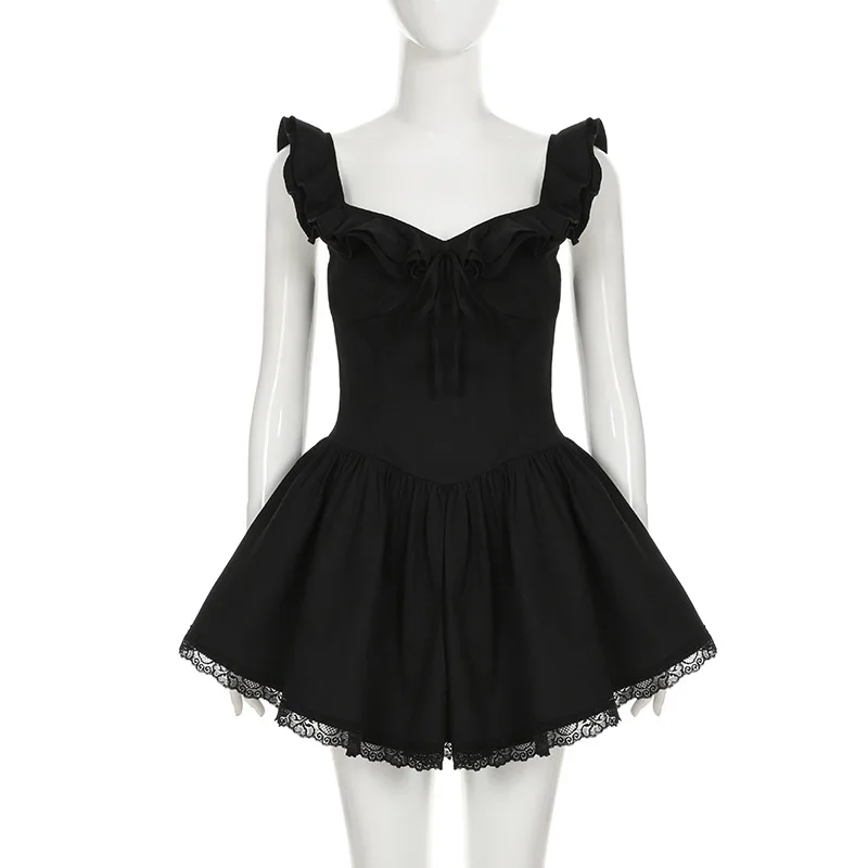 فستان مكشكش برقبة على شكل حرف V وربطة عنق ضيقة مع دانتيل وأكمام مكشكشة، تنورة قصيرة على شكل حرف A #5