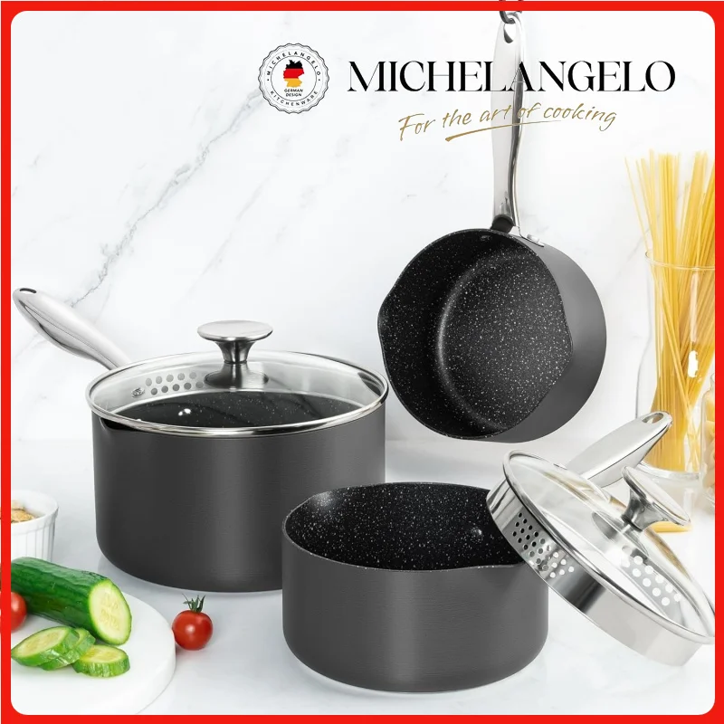 

MICHELANGELO Nonstick Pan 3Pcs/Set Cookware Sauce Pot Strainer Lid Pasta Cooking Pots Suitable for All Stoves Oven Milk Pot
