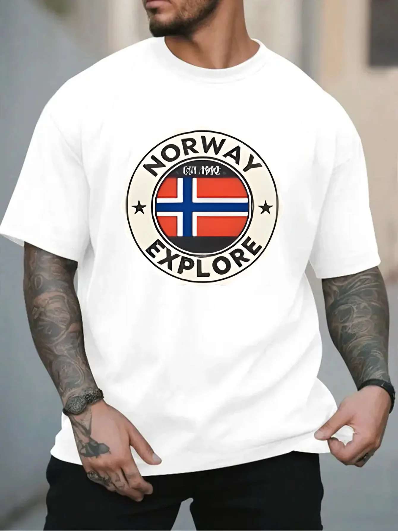 Fashion Mens Black Basic Tee Retro Stamp Frame Norway Explore Norwegian Flag Star Motif Outdoor Travel Casual Short Sleeve Shirt