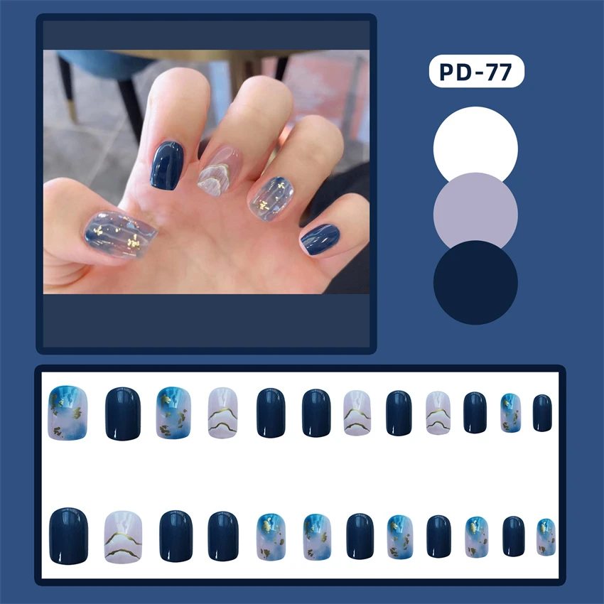 24 Stks/set Blauwe Halo Met Valse Nagels Art Goudfolie Witte Gradiënt Pers Op Nagel Voor Meisjes Volledige Dekking Kunstmatige Nepnagels