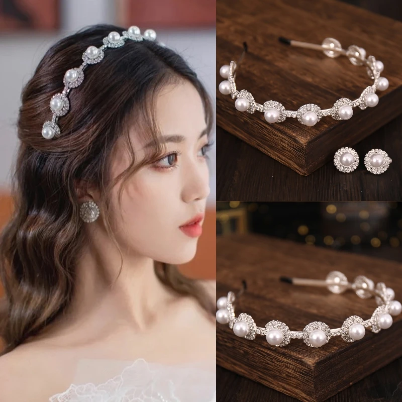 Crystal Pearl Headband Earring Set Wedding Bridal Hair Accessories Jewelry Set Silver Color Rhinestone Headband Tiara For Women