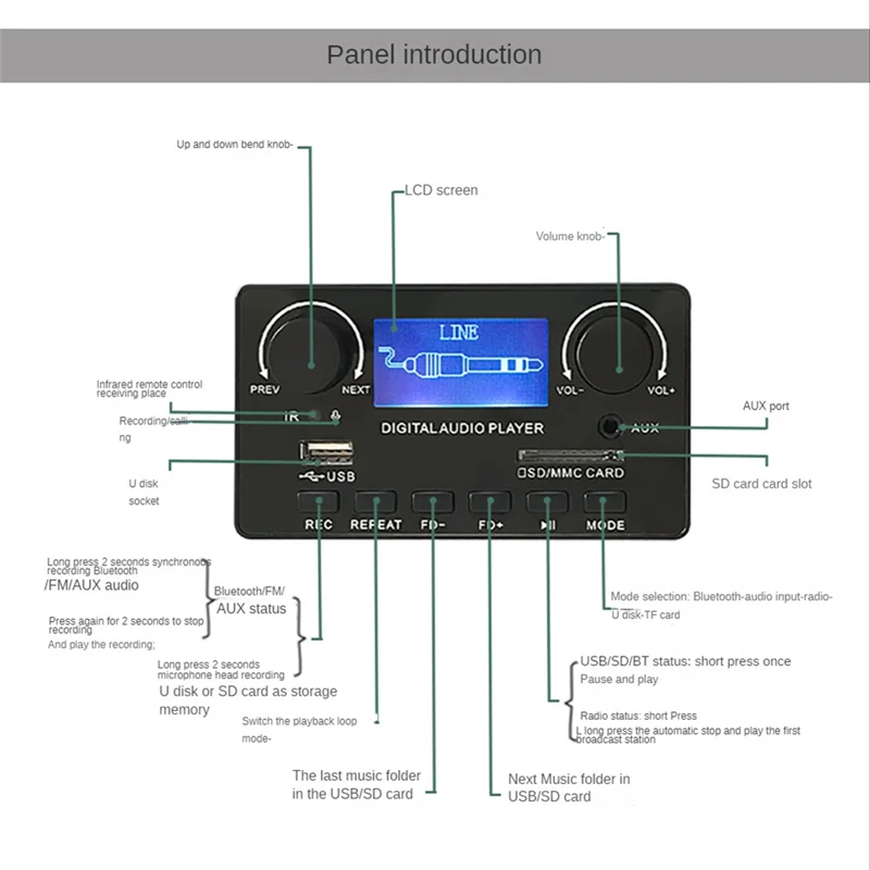 Excellent-LCD Display Bluetooth 5.0 MP3 Decoder Board Support Handsfree Recording FM DC 12V MP3 WMA WAV APE FLAC Audio Player