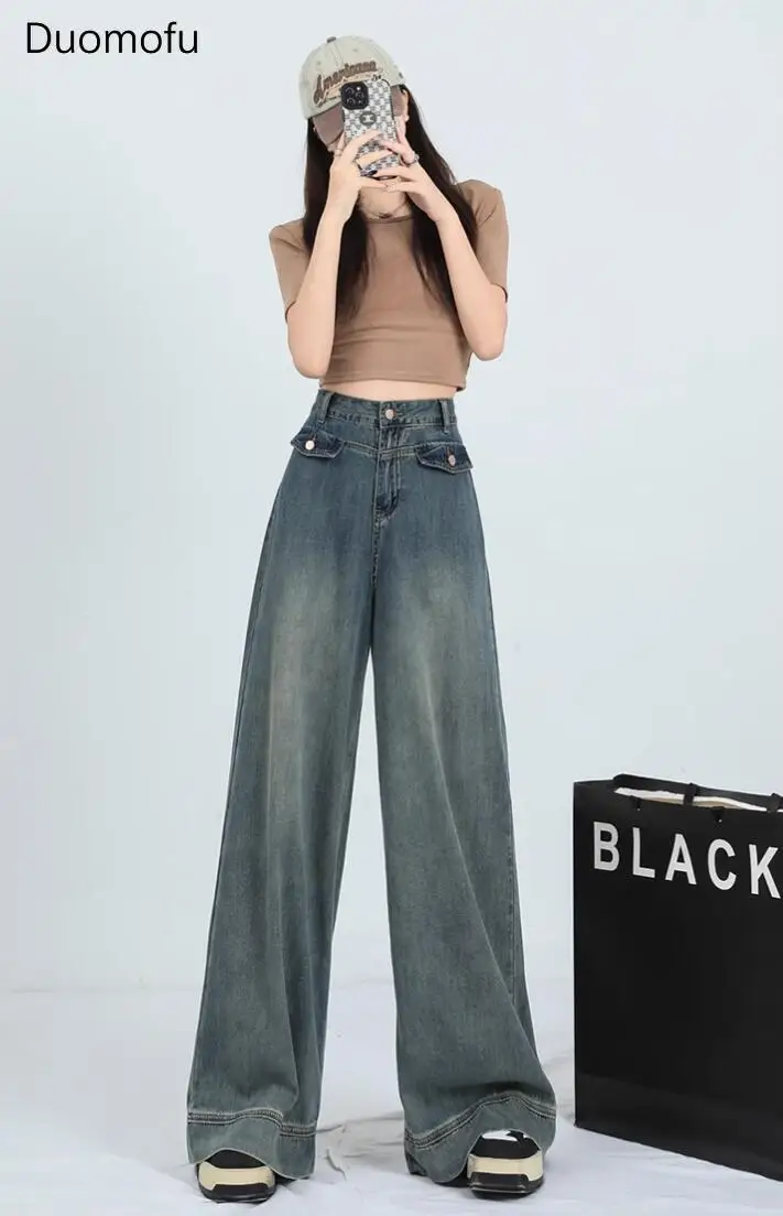 Duomofu Summer Full Length Straight Casual Baggy Jeans Women Vintage Simple Zipper Button Fashion Slim Female High Waisted Jeans